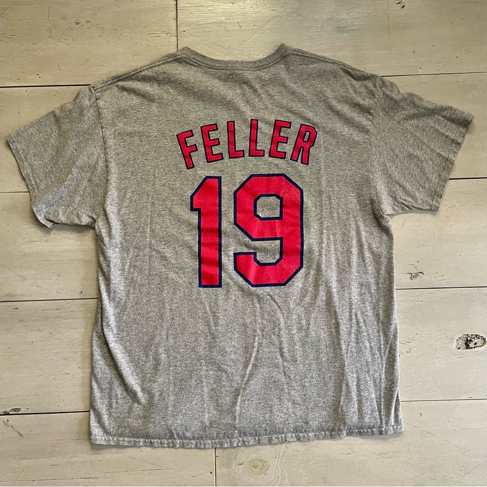 Feller Men’s Gray Cleveland Indians Red Graphics T-Shirt Size XL Vtg MLB Legend